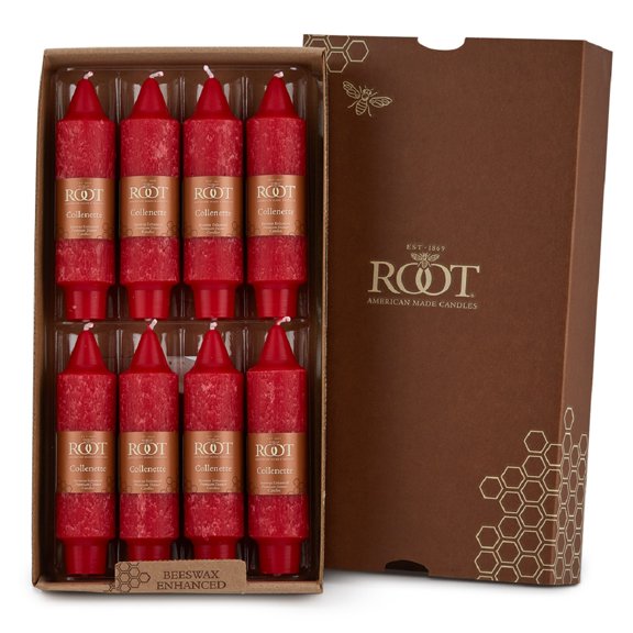Root Unscented Grecian Collenettes Taper Candles, 5-Inch Tall, Box of 8, Red