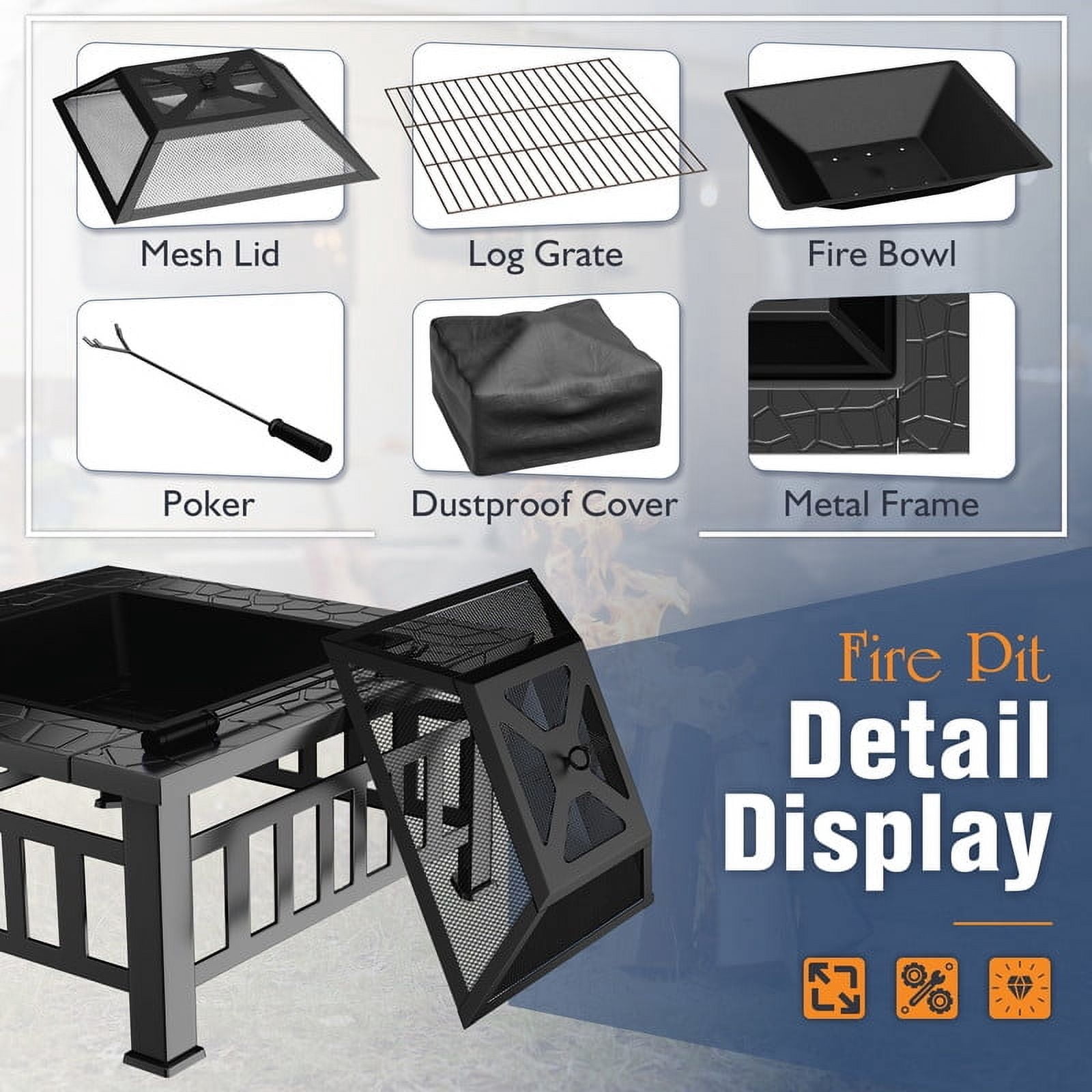 Devoko Outdoor 32" Square Metal Fire Pit with Cover and Poker, Black