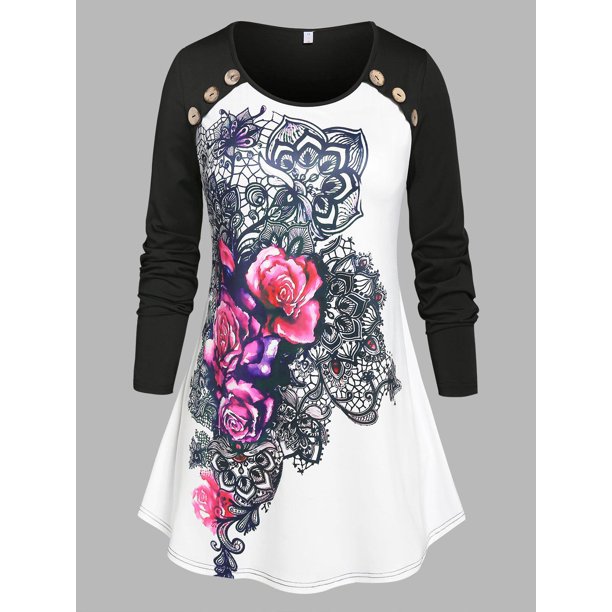Camiseta Estampado Floral Color Bloque Rosegal Mangas largas de talla grande