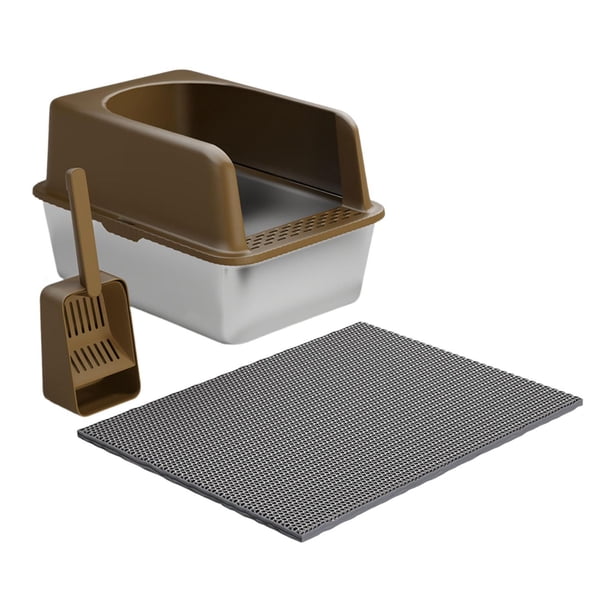 Caja de arena de acero inoxidable, caja de arena, caja de arena de lado alto, bandeja de arena para mascotas con parte abierta café