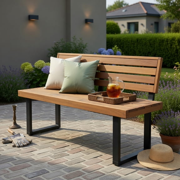 Hommoo 48" Acacia Wood Outdoor Patio Bench, Sturdy Dining Bench for Garden, Deck or Entryway, 2-Person Seating, Heavy-Duty Metal Frame, Natural & Black