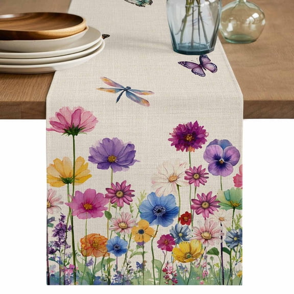 Table Runner 72 Inches Long for Kitchen Dining, Vintage Flowers Dresser Scarf Farmhouse, Dining Table Decorations for Wedding/Parties, Watercolor Butterfly Dragonfly Daisy Beige 13 x 72 In