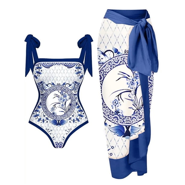 Traje De Baño Damas 2 Piezas De Traje De Playa Para Mujer Con Cordones Y Vestido Para Deportes Acuáticos (Xxl Azul Blanco) Tmvgtek Para Estrenar