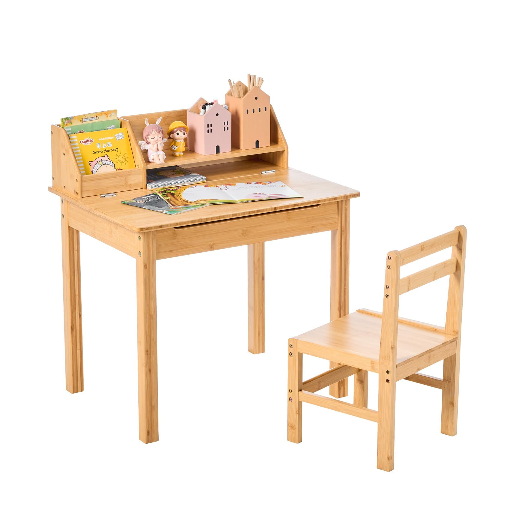 Bamboo Toddler Desk and Chair Set with Lift-Top Storage for Kids Ages 3-8