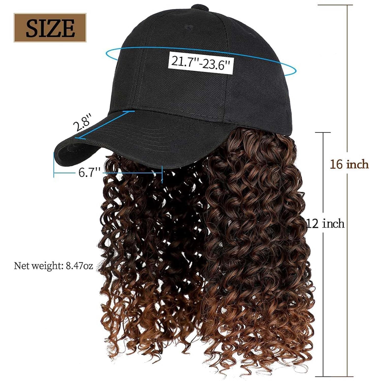 YEKEYI Headband Wig Human Hair Wigs Baseball cap Wig Curly Deep Wave Headband Wig Hat Wigs (Black hat Long Lbrown wig)