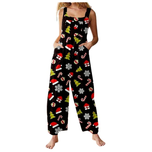 Womens Jumpsuits Christmas Print Button Front Straps Wide Leg Women's Rompers,Black,S