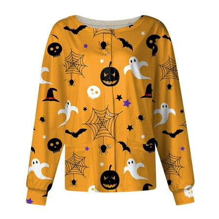 

PURJKPU Halloween Women Scrub Jacket Pumpkin Face Ghost Spider Web Pattern Nurse Scrub Top Long Sleeve Single-Breasted Tops O Neck Woprking Uniforms with Pockets Gold 2XL