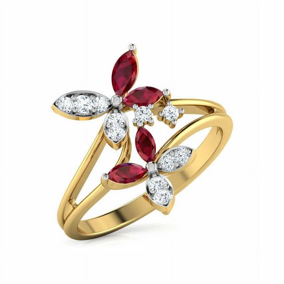 HeartsAndYou Marquise Natural Ruby Moissanite Butterfly Cocktail Ring 14k SOLID Yellow Gold