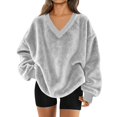 thumbnail image 4 of WULMLEO Women V Neck Fuzzy Fleece Pullover Sweatshirt - Oversized Long Sleeve with Pockets Cozy Fall Winter Casual Wear Light Gray 3XL, 4 of 4