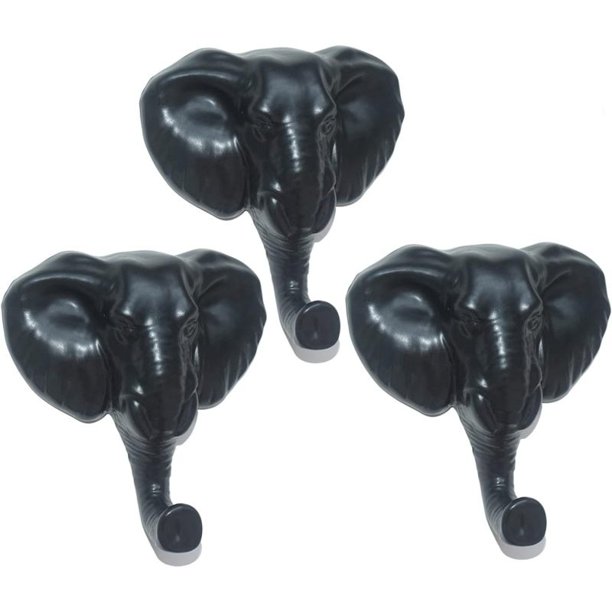 Ganchos de elefante de cerámica, ganchos adhesivos, puerta de gabinete de pared, toalla, albornoz, ganchos para ropa, soportes autoadhesivos, paquete de 3 (negro)