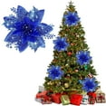 thumbnail image 2 of 1 Pc Glitter Poinsettia Artificial Flowers Christmas with Clips Stems Xmas Tree Ornaments for Wedding Party Wreath Decoration, 5.7 Inch, Blue, 2 of 9