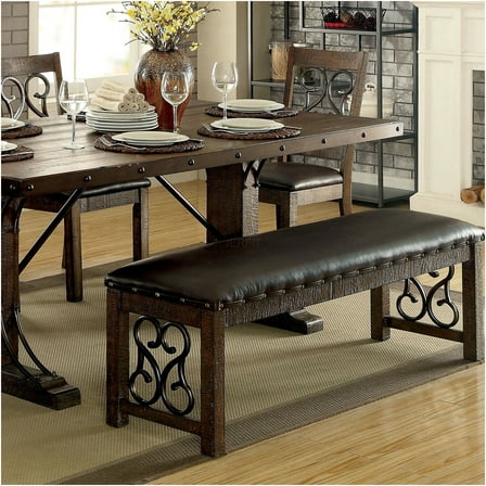 JERFIT Traditional 1pc Bench Dining Room Leatherette Espresso Seat Rustic Walnut Finish Wooden Bench