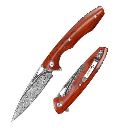 SDOKEDC VG10 Damascus Folding Knife Rosewood Handle for Outdoor Use & Everyday Tasks