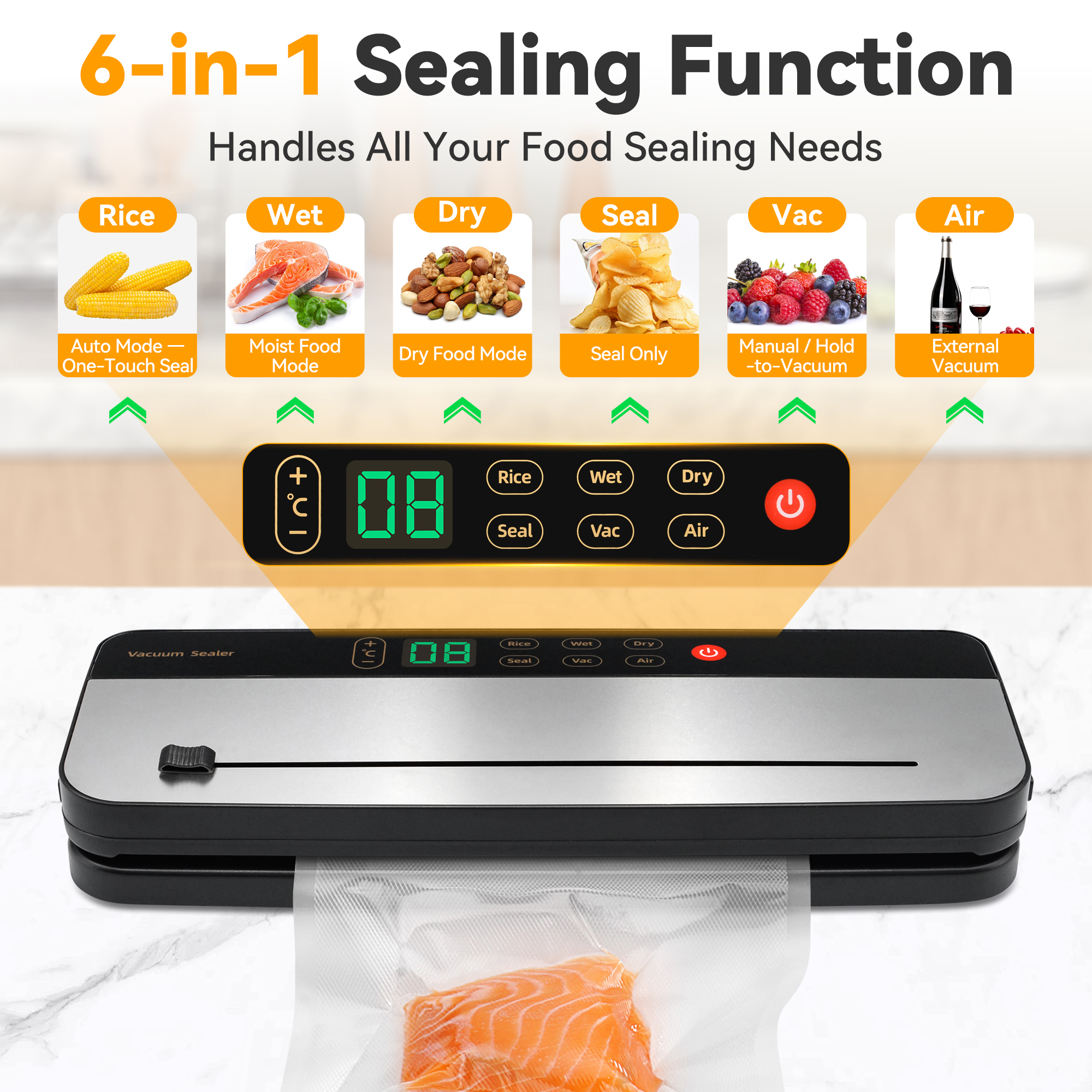 Food Vacuum Sealer Machine with 30 Vacuum Bags, 6 in 1 Rechargeable Vacuum Sealer with Dry & Moist Food Modes, Built-in Cutter, Detachable, Compact Food Sealer for Kitchen Travel Fridge Meal Prep