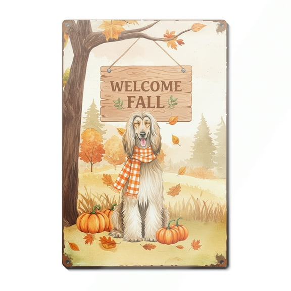 Welcome Fall Afghan Hound Cozy Autumn Field Pumpkins Golden Leaves Vertical Metal Aluminum Sign Dog Lover Wall Art Home Decor - 12013