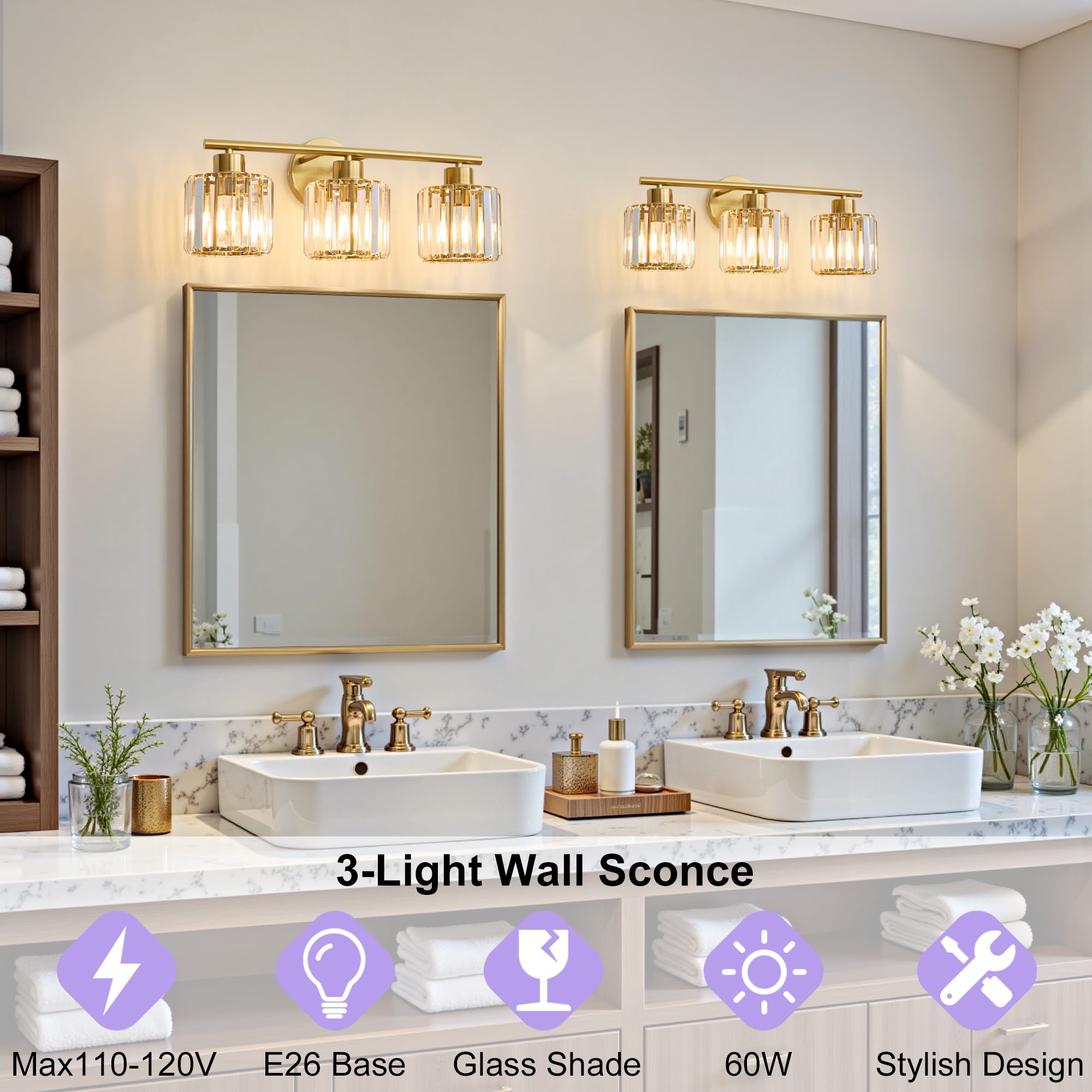Deyidn Gold Vanity Light, 3-Light Modern Bathroom Fixture with K9 Crystal Shades, 22 Inches, Dimmable