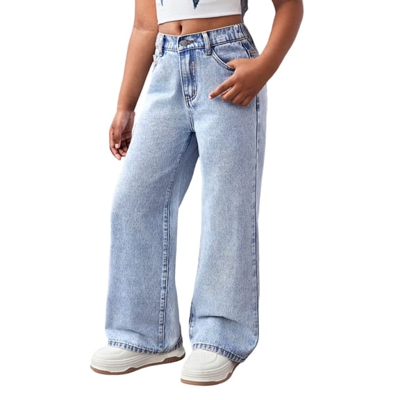 IFNWSV Girls Jeans Solid Loose Back Pocket Embroidery Bow Print Straight Wide Leg Blue 10-11 Years