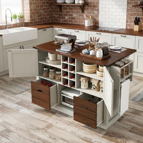 DEALTOPS Farmhouse Mobile Kitchen Island with Outlets | Foldable Tabletop, Drawers, Wine Rack | White with Rustic Brown