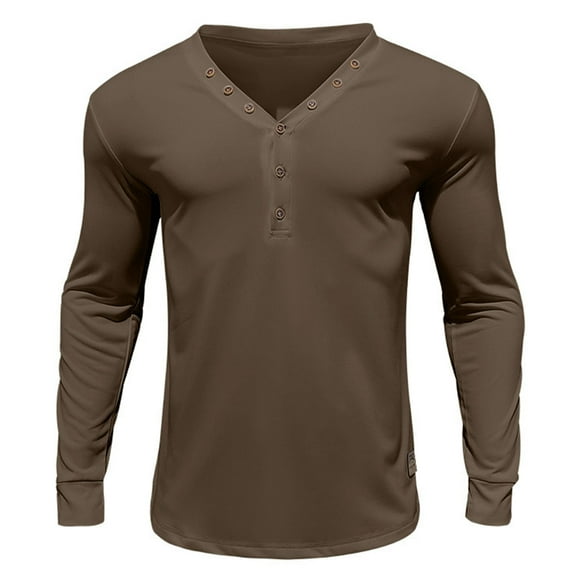 Men T Shirts Solid Color Thin Long Sleeved Casual Bottoming Slim Button V Neck Brown Mens Graphic T-Shirts size L