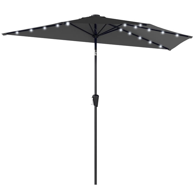 Parasol Demi-Extérieur de 105,1 Pouces pour Patio avec Lumières DEL Solaires, Parasol Demi-Rond Noir Inclinable avec Manivelle et Protection UV pour Petit Balcon, Terrasse Murale et Espace de Jardin