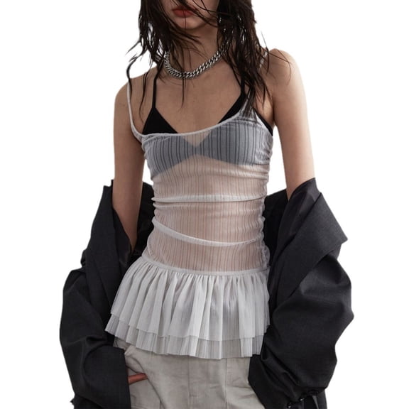 Ladies Sophisticated Sheer Layered Camisole with Feminine Ruffle Accent Spaghetti Straps See Through Bodycon Tanks Top