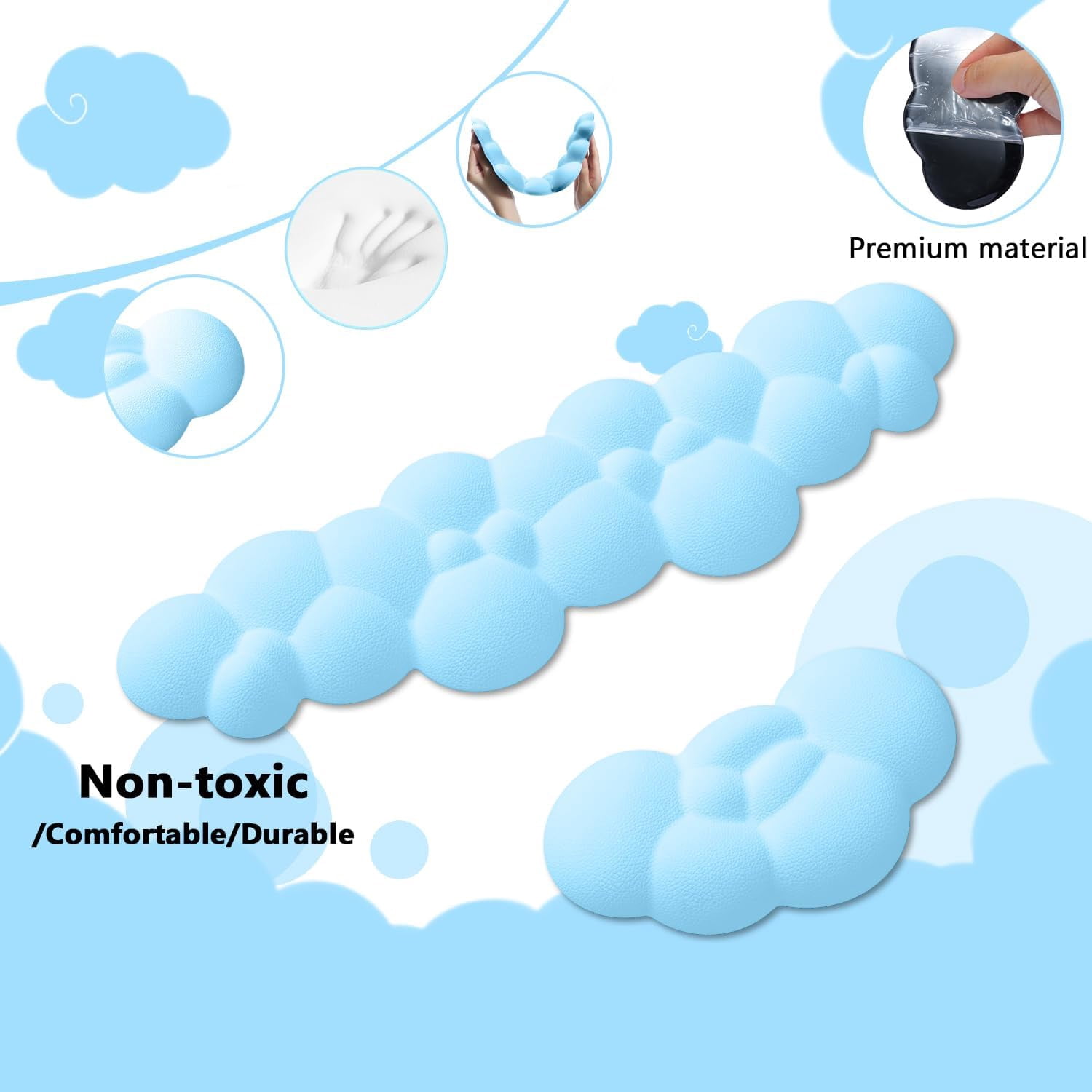 Attack Shark Cloud Keyboard Mouse Wrist Rest with Coaster Set,Ergonomic Palm Rest Combo for Pain Relief, Non-Slip,Ultra-Soft Memory Foam Wrist Cushion Support for Comfortable Typing/Gaming-Blue