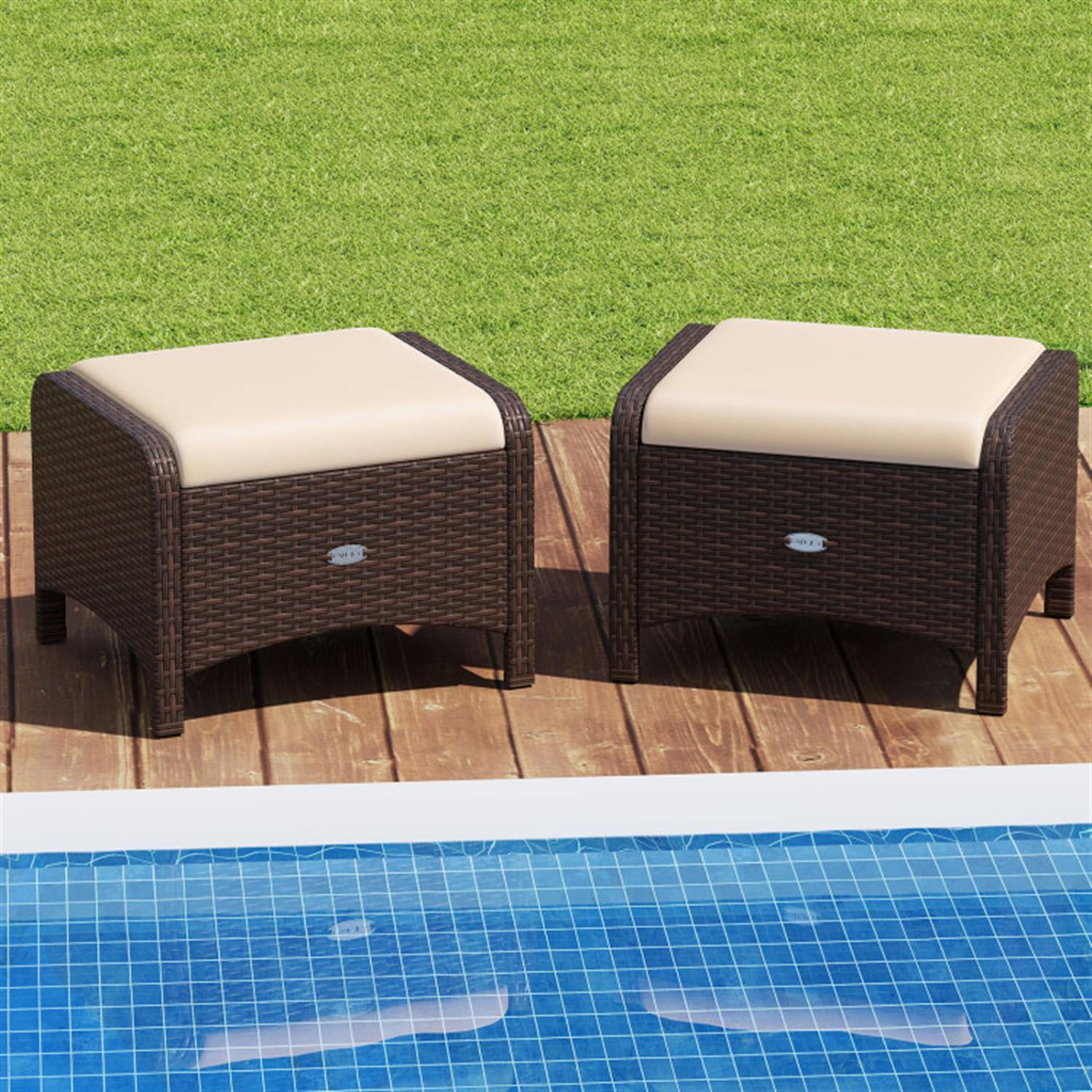 Demi Bonn 2 Pieces Outdoor Patio PE Wicker Ottomans with Removable Cushions for Yard, Pool or Backyard, Beige