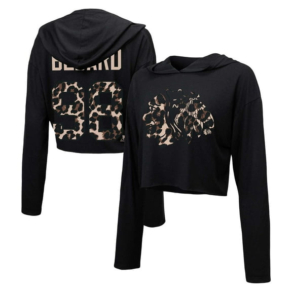 Women's Majestic Threads Connor Bedard-Black Chicago Blackhawks Leopard Print Name & Number Cropped Pullover Hoodie