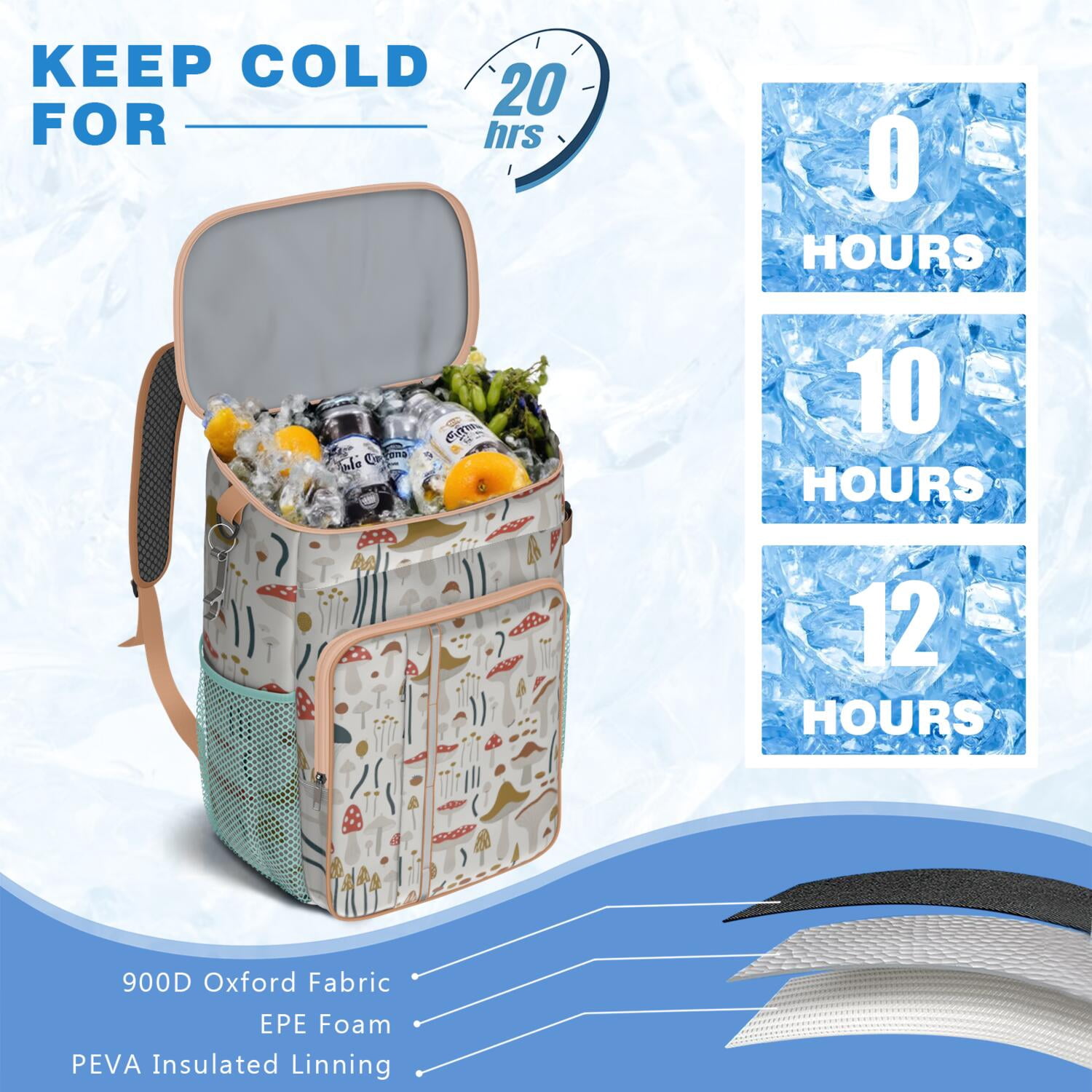 Insulated Cooler Backpack,Cooler Bag Insulated Leak Proof Travel Cooler Bag Waterproof Lunch Picnic Beach Work Trip Thermal Bag Drink Beverage Beer Bag Cooler Mushroom
