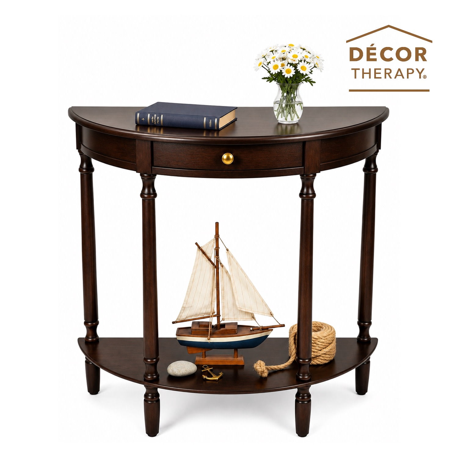Decor Therapy Truro Half Round Console Table, Traditional Entryway Table with Drawer and Lower Shelf, Classic Hall or Sofa Table for Foyer, Living Room, Walnut