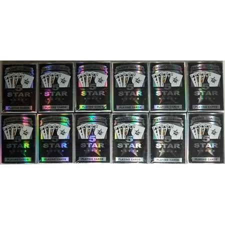 Plated Playing Card - 12 PACK of 5 STAR JUMBO PLAYING CARDS - BLACK & SILVER