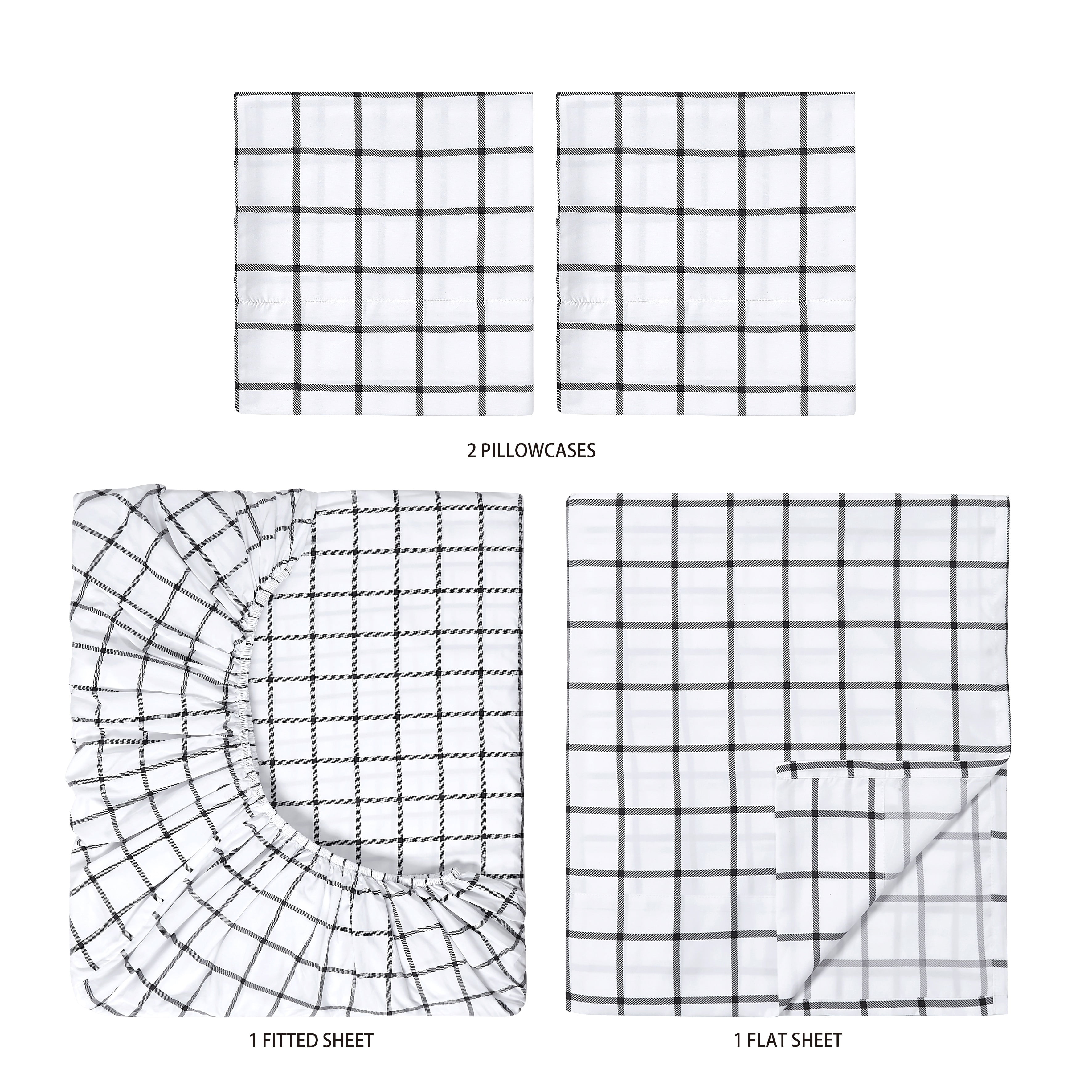 Mainstays Super Soft Brushed Microfiber Bed Sheet Set, King, White Windowpane, 4 Piece