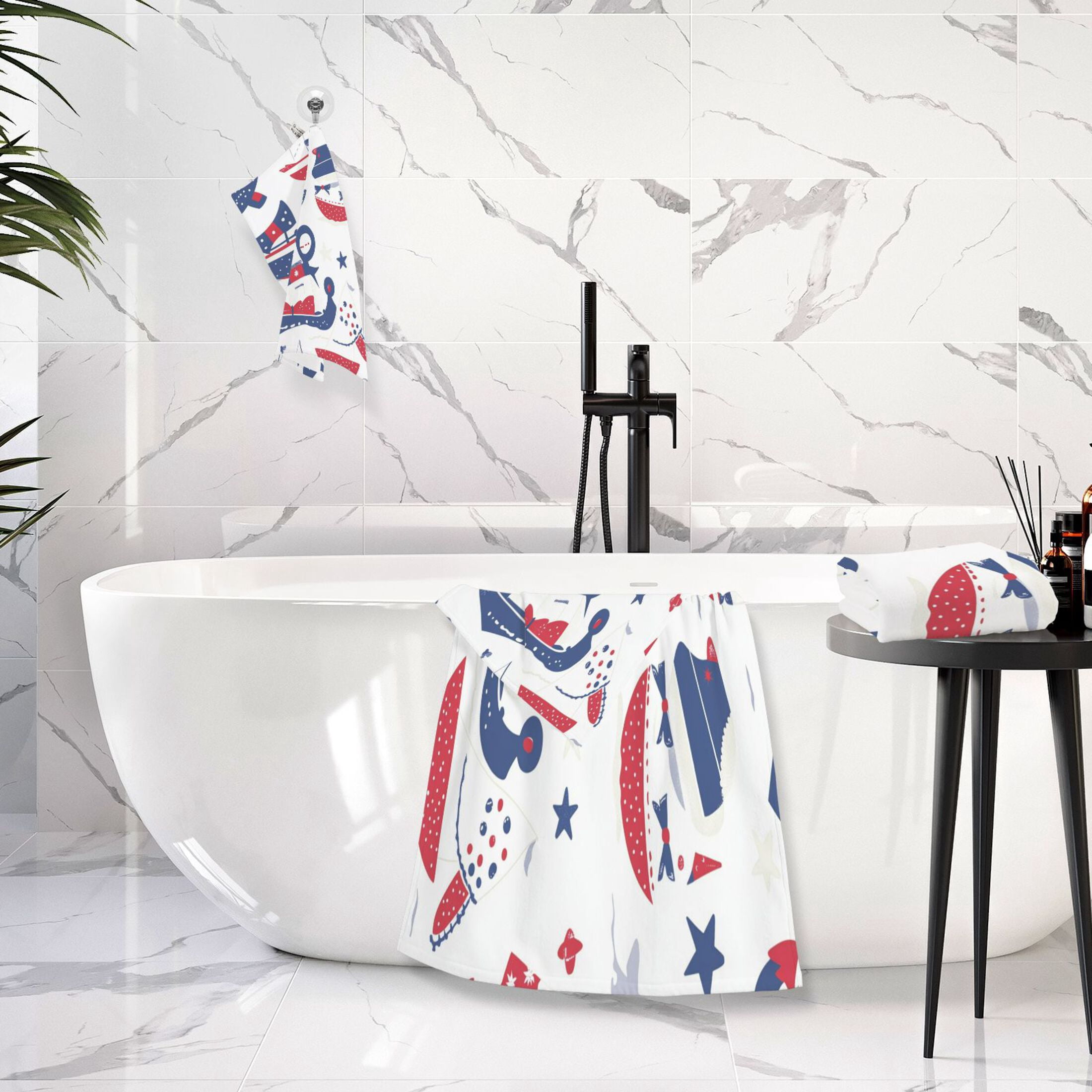 Nautical Pattern 2 Piece Cotton Bath and Face Towel Set Soft and Absorbent, for Beach Pool Bathroom