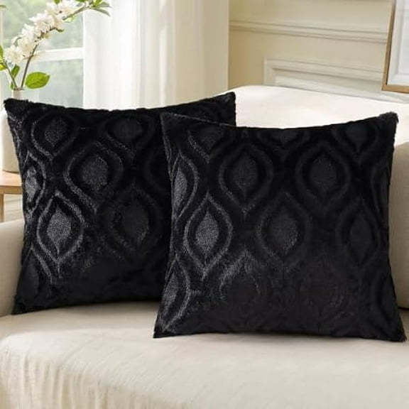 Wanhoo Throw Pillow Covers 24x24 Inch Set of 2, Soft Plush Faux Wool Black Couch Pillow Covers, Spring Solid Dyed Accent Pillow Cases for Sofa Bed Living Room Home Decor