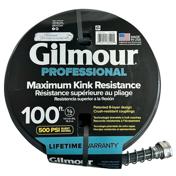 Gilmour Professional Kink-Proof Water Hose – 5/8" Diameter, 100 ft, Heavy-Duty, Burst-Proof, Gray/Aqua