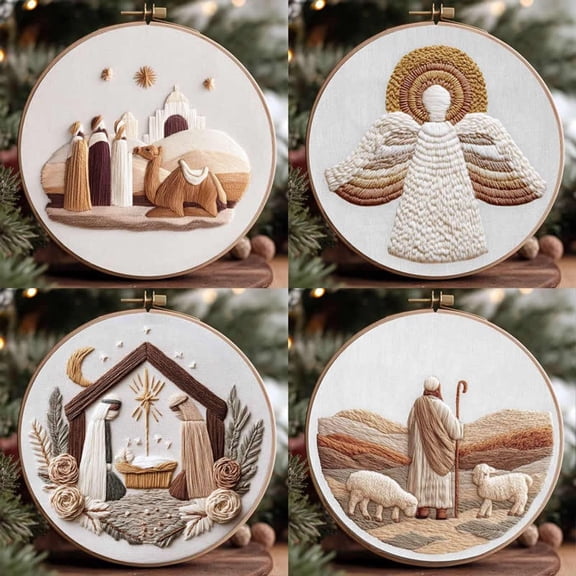 Christian Embroidery Kit for Adults, Beginner Nativity Scene Pre-Stamped Kit, DIY Hand Embroidery Needlepoint with Hoop Thread Needle Instruction, Christmas Ornaments