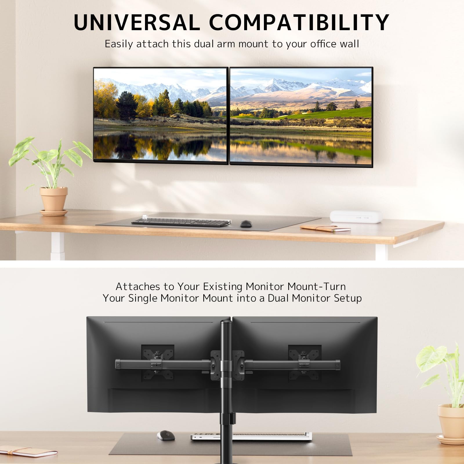 PUTORSEN Dual Monitor Wall Mount, Horizontal Assembly Mount for 2 Monitor Screens up to 35 inches, Max. 10kg per Arm, VESA 75x75/100x100mm
