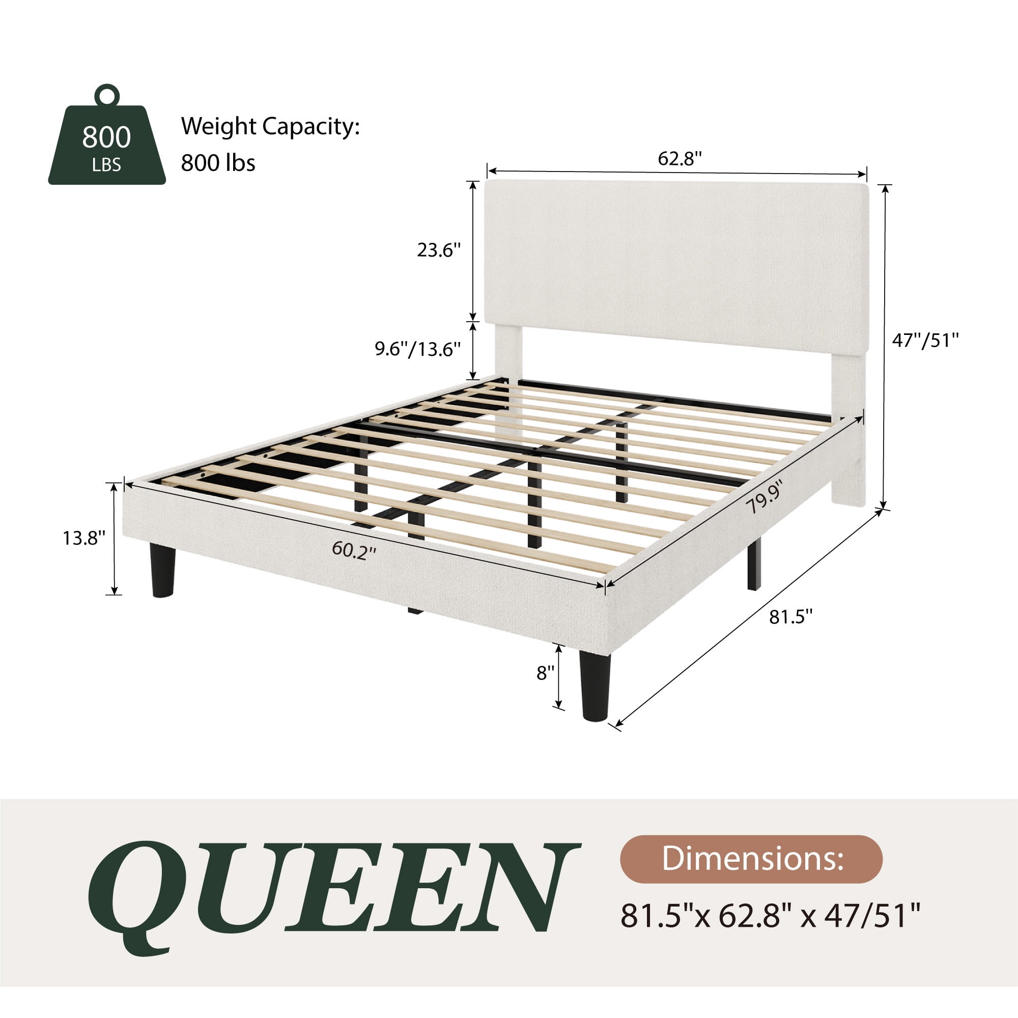 Amolife Queen Bed Frame, Platform Bed Frame with Upholstered Adjustable Headboard, White, Nubby Fabric