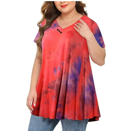 Taotaoxi Women Plus Size Tops Tie-dye Print Short Sleeve V-neck Blouse Pleated Hem Shirt Women Clothing on Clearance