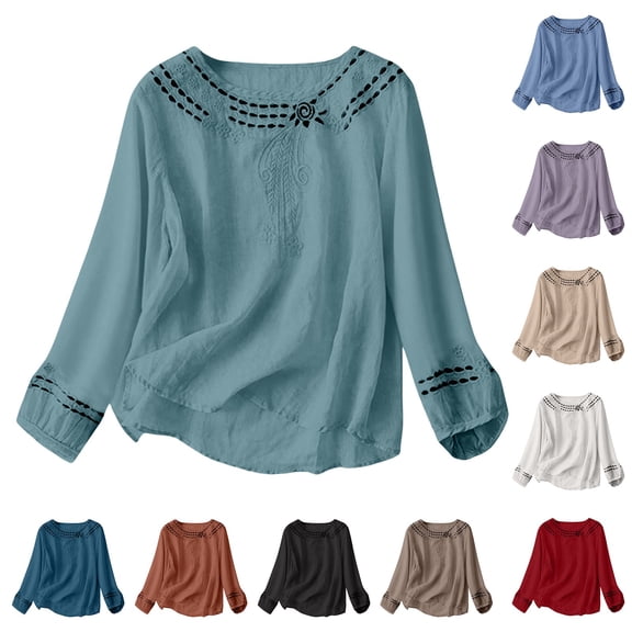 Womens Plus Size Embroidered Top Cotton Linen Round Neck Long Sleeve Summer Comfort Blouse