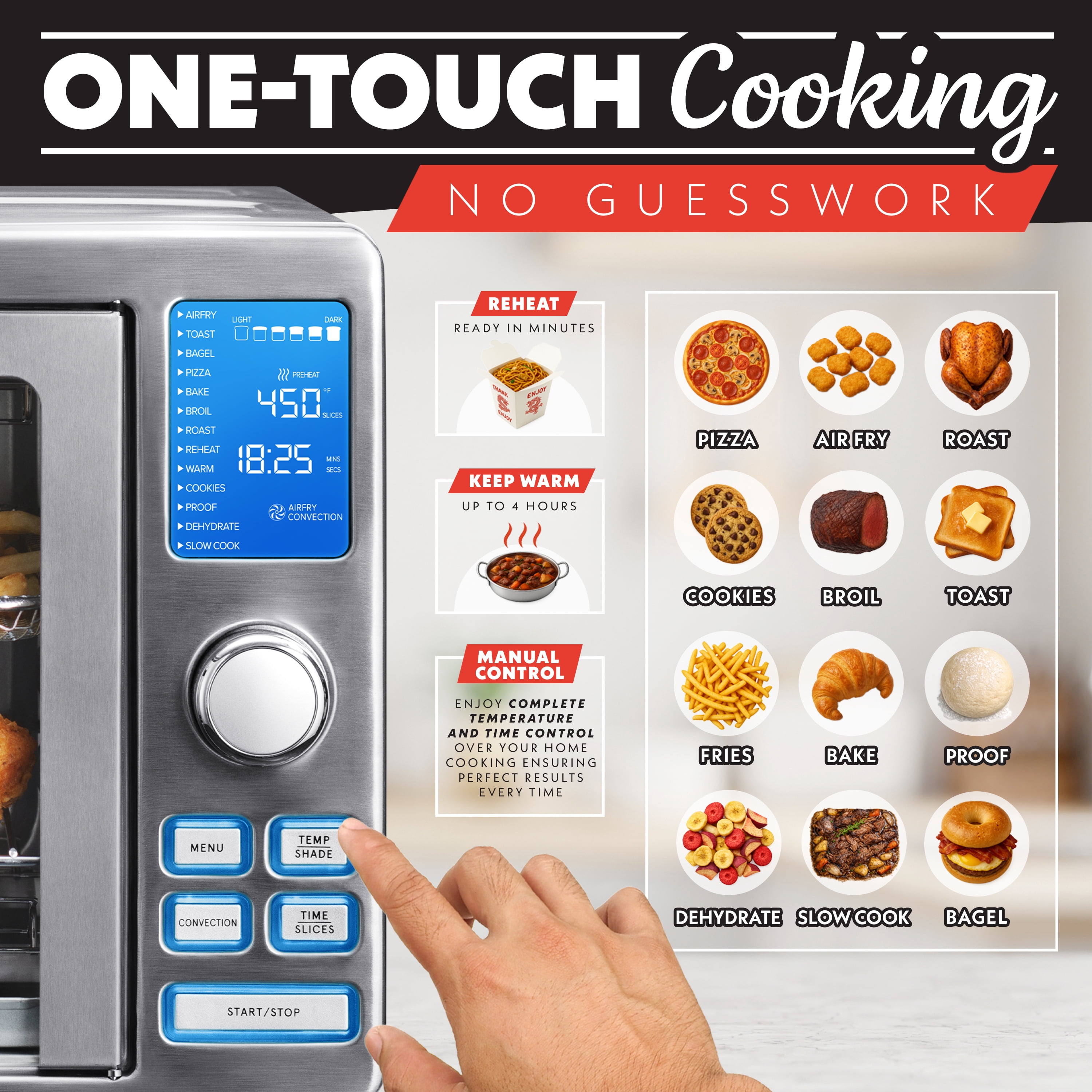 Gourmia Air Fryer French Door Toaster Oven - 6-Slice Capacity, LED Display, 14 Presets, Stainless Steel