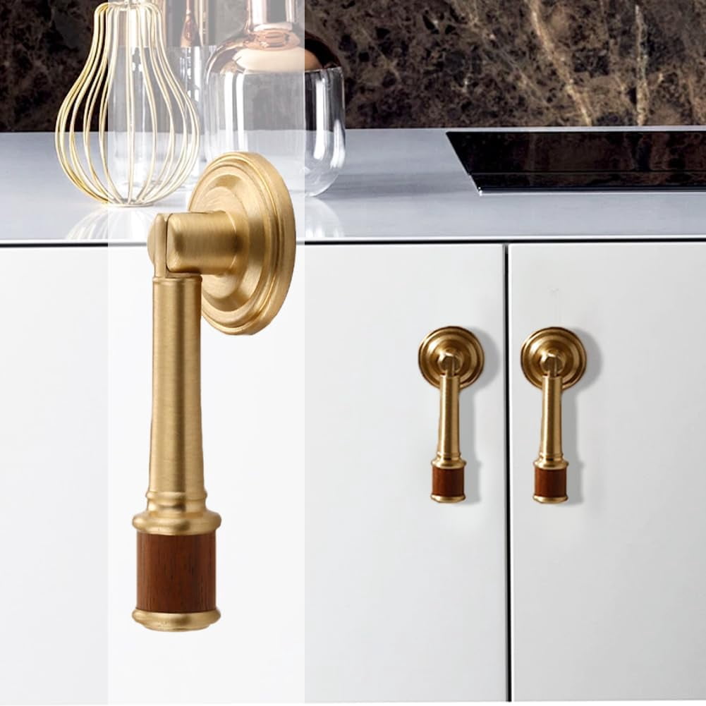 CATPAN 2Pcs Brass Walnut Drawer Pulls, Gold Brushed Cabinet Handles, Single Hole Cabinet Pull with Walnut Pendant, Antique Cabinet Knobs for Home Kitchen Office Cabinets Drawers Dresser Cupboard