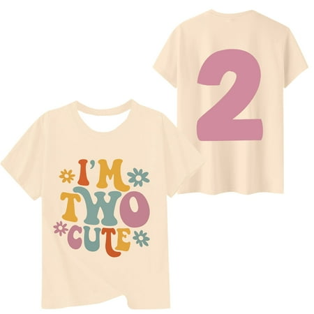 Adeawade T Shirts For Girls Round Neck Tee Short Sleeve Tops Cartoon Prints Blouse Charm Summer Clothing Beige 6-7 Years