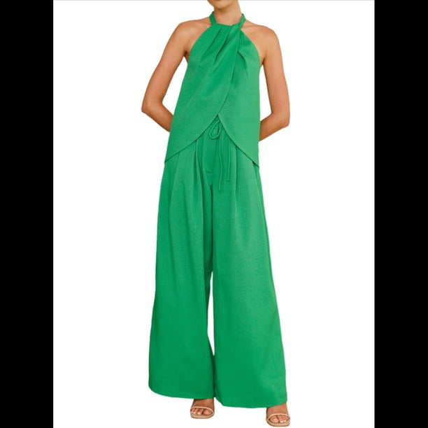 Conjunto de Dos Piezas para Mujer, Verano 2025, Informal, Sin Mangas, Cuello Alto, Top Corto, Pantalones de Pierna . Verde XL