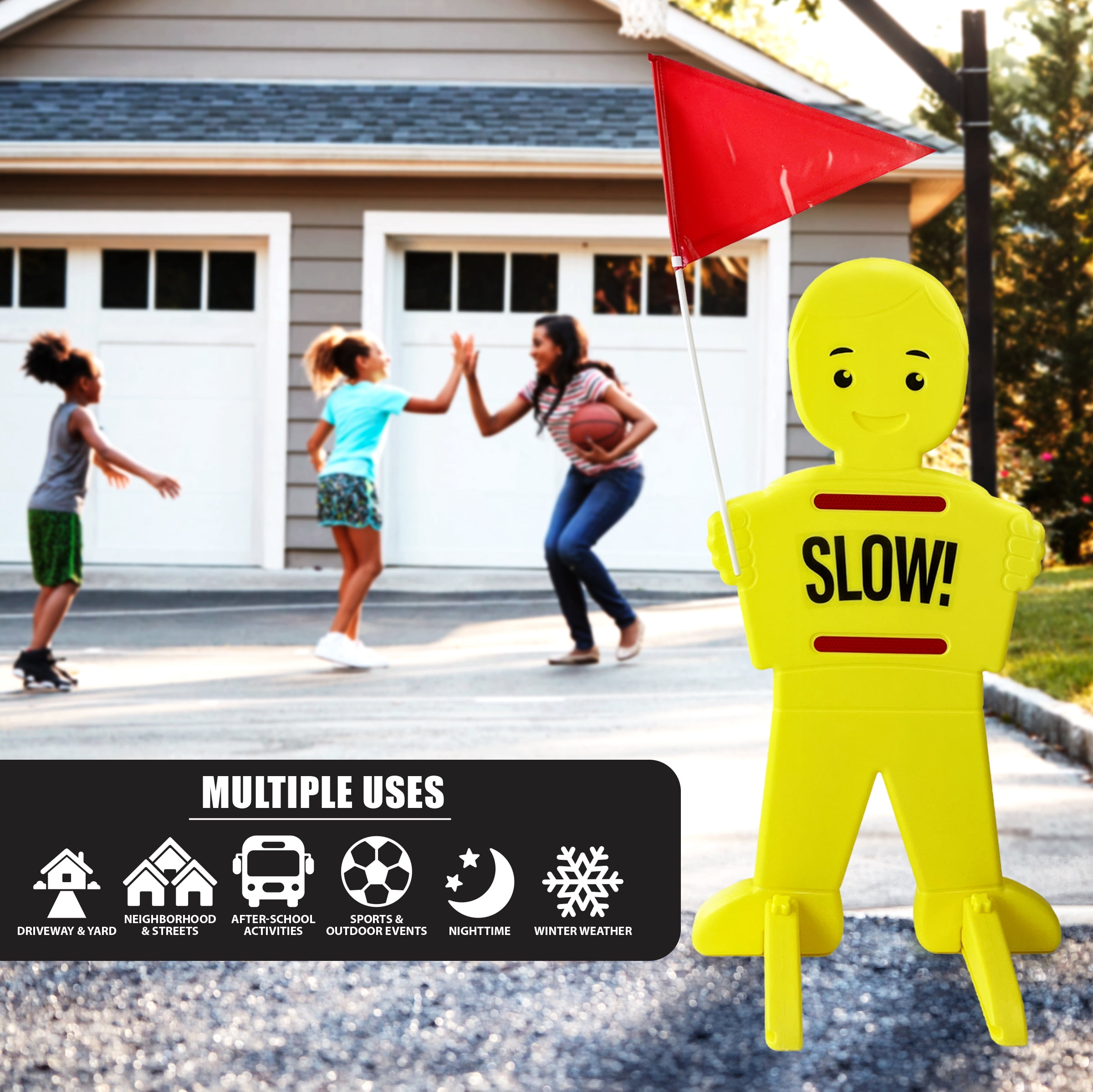 Loud & Clear - Slow Down Kids at Play Safety Sign for Street - Dan The Safety Man 39-Inch Tall Reflective Sign with Flag