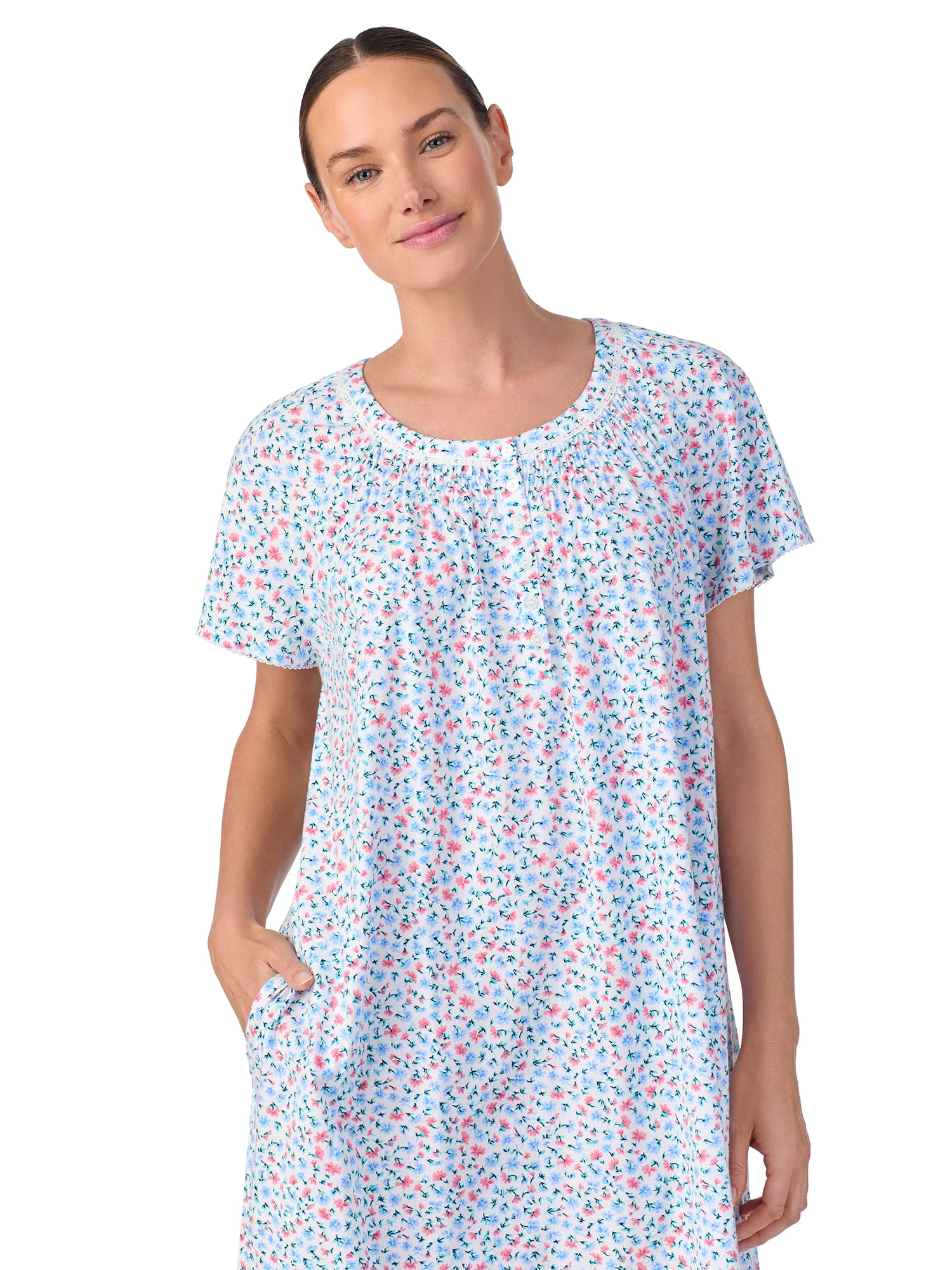 Aria Women's 100% Cotton Raglan Sleeve Smocked Neck Sleepwear 40" Gown, Sizes XS-5X
