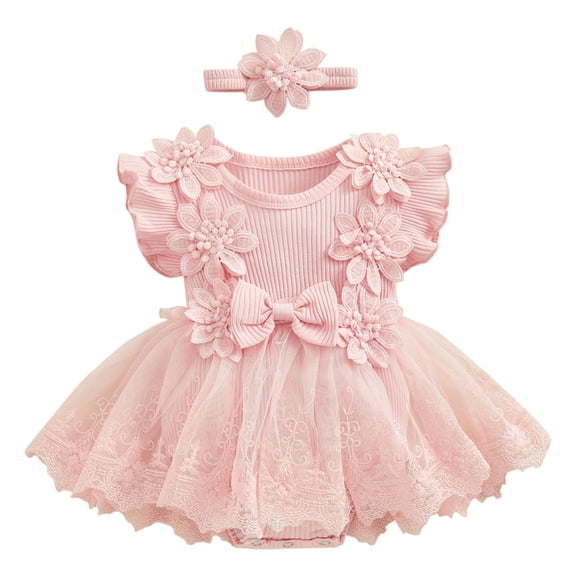 LEWKW Infant Baby Girls 3D Flower Tulle Dress with Headband Set Flutter Sleeve Mesh Tutu Bodysuit Dress for Easter Birthday Cake Smash
