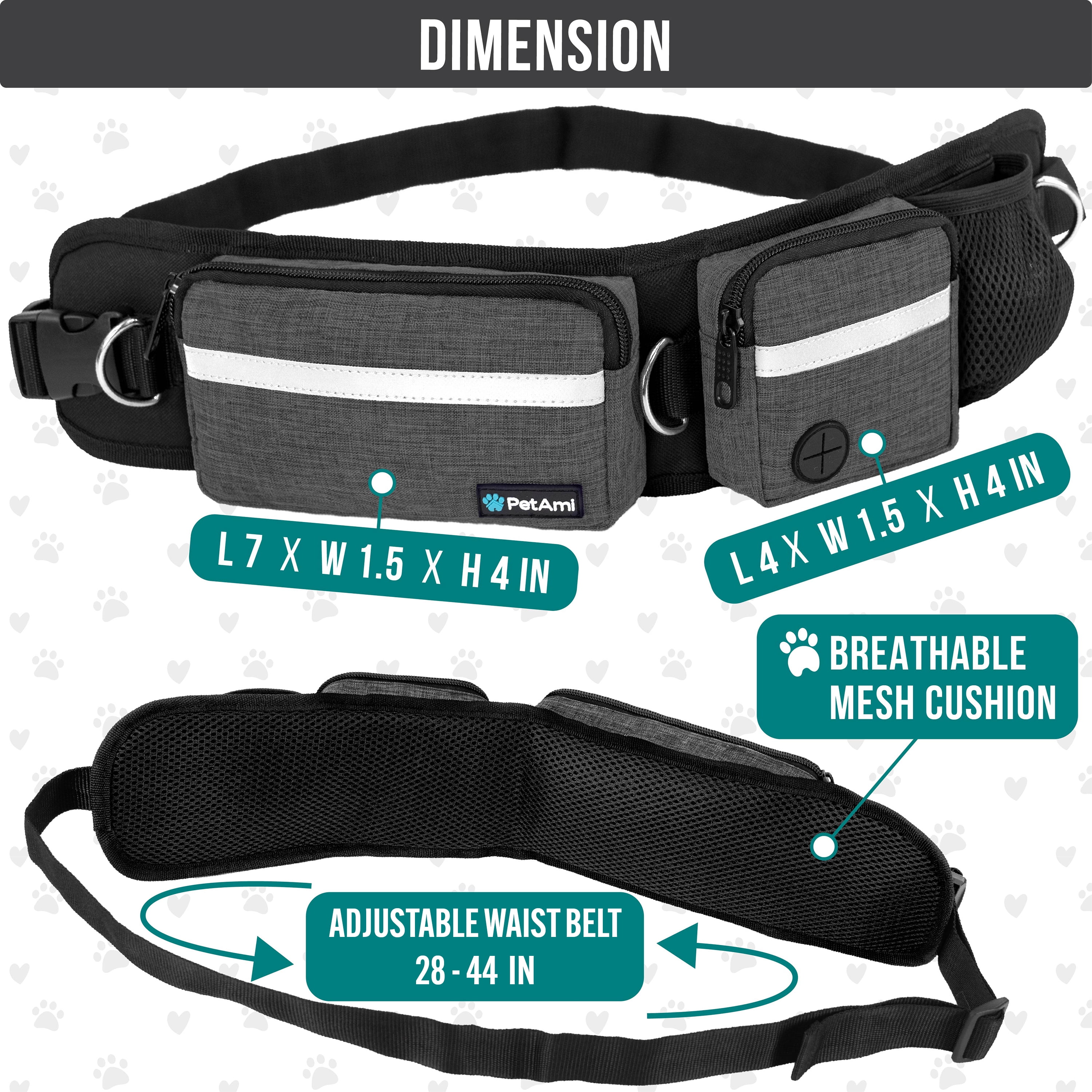 PetAmi Hands Free Dog Leash, Dog Running Leash Belt Bag for Walking, Jogging, Dog Waist Double Zipper Pouch with Poop Bag Dispenser, Dual Padded Handles Reflective Bungee Leash, Double (Charcoal Grey)