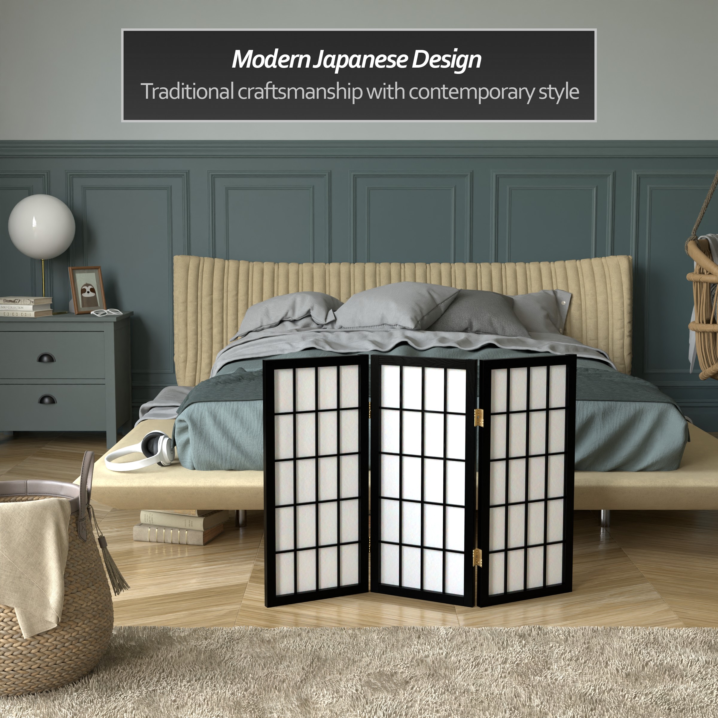 2 ft. Tall Desktop Window Pane Shoji Screen - Black - 3 Panels