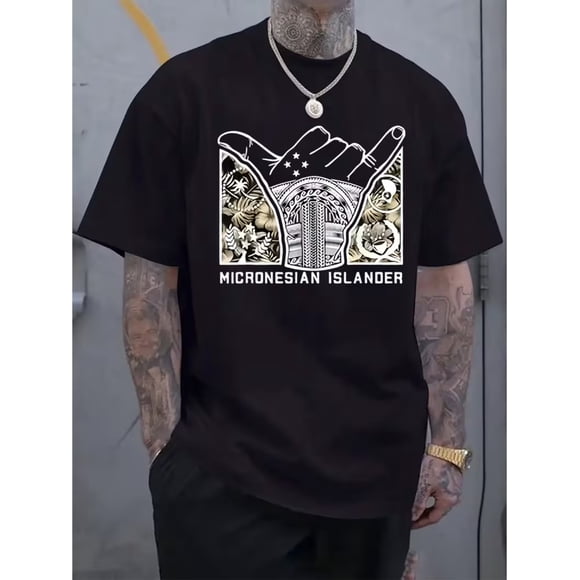 T-Shirt à Motif Micronésien pour Hommes - Design Tribal Culturel avec Palmiers et Fleurs Tropicales - Coupe Régulière